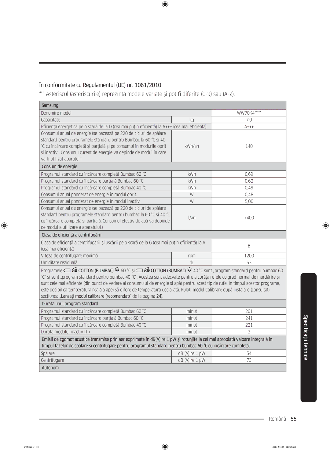 Samsung WW70K42101W/LE, WW70K42106W/LE manual Română 55  